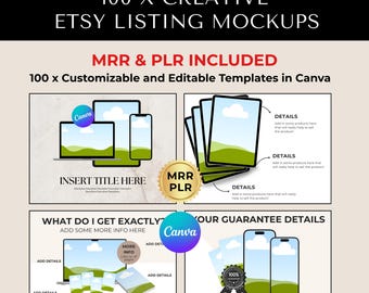 100 plantillas de maquetas para listados de Etsy en Canva / Imágenes editables para tiendas Etsy / Maquetas de productos digitales / Paquete de plantillas de Canva / Derechos de reventa PLR MRR