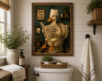 Lámina decorativa imprimible de patos divertidos para el baño, póster de pato para el inodoro, decoración de baño original, estampado animal vintage, decoración de pared para el baño de invitados, digital