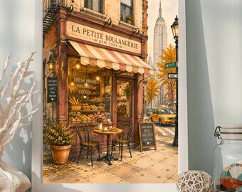 Decoración de pared de panadería neoyorquina, lámina de panadería parisina, decoración de cafetería de Nueva York, lámina imprimible de panadería francesa, decoración de pared para cafetería, decoración de pared acogedora para la cocina