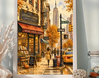 Arte mural de Nueva York, lámina de librería de Nueva York, póster del Empire State Building, lámina imprimible de calle otoñal, decoración acogedora para viajes, ilustración vintage de la ciudad