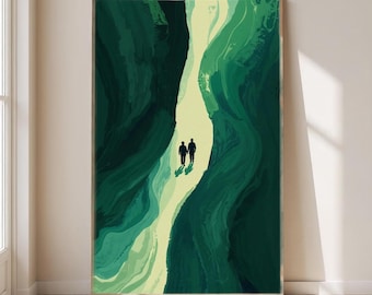 Art mural abstrait passage vert à imprimer | Paysage minimaliste à deux personnages | Style vintage vert émeraude | Décoration d'intérieur moderne et calme