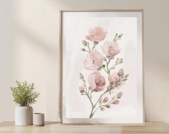 Conjunto de arte mural floral rosa polvoriento: estampado botánico escandinavo, tallos verde salvia suaves, flores minimalistas de acuarela, decoración neutra beige