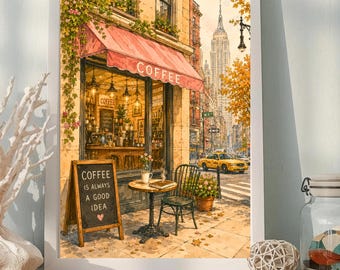 Decoración de pared de cafetería de Nueva York, lámina de cafetería de Nueva York, decoración para amantes del café, póster del Empire State Building, estética de café parisino, arte de pared imprimible