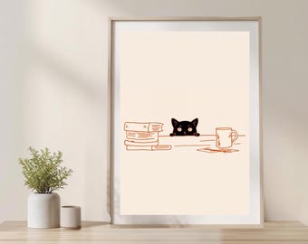 Arte lineal minimalista de gato / Arte de pared acogedor con café / Decoración para amantes de los libros / Imprimible moderno neutro / Arte para rincón de lectura