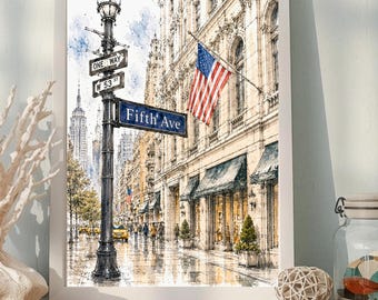 Fifth Avenue New York Printable Wall Art | NYC Watercolor Sketch Print | City Street Illustration | Minimalist Travel Decor | Digital