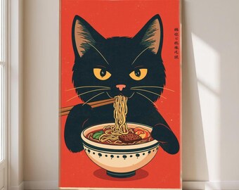 Póster de ramen de gato japonés retro: divertido póster de fideos de gato negro, decoración de cocina vintage imprimible