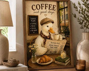 Lámina decorativa "Café y buenos días" / Póster de pato y café / Decoración acogedora para cafetería / Arte de cocina estilo cottagecore / Lámina vintage con animales