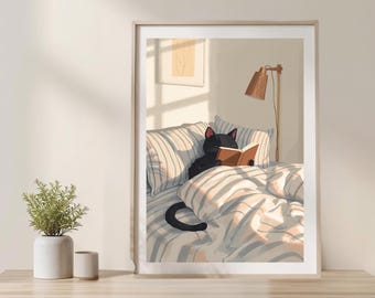 Arte de pared acogedor de gato leyendo en la cama / Decoración de dormitorio imprimible caprichosa / Póster minimalista de gato / Regalo para amantes de los libros
