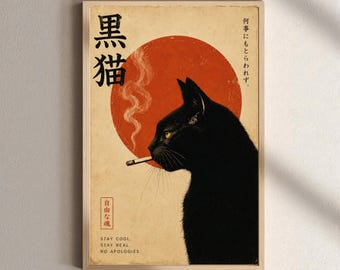 Póster de gato negro, arte mural japonés vintage, decoración estilo academia oscura, arte de gato imprimible, decoración gótica para el hogar, descarga digital