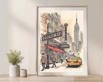 Impresión de ilustración de Broadway de Nueva York / Arte callejero vintage de Nueva York, boceto del Empire State Building, arte mural de viajes, descarga digital