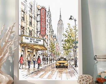 Broadway Theatre Printable Wall Art | New York Sketch Poster | NYC Watercolor Line Drawing | City Travel Decor | Instant Download