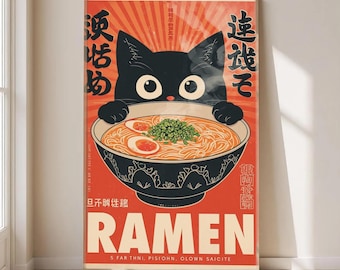 Póster imprimible de ramen de gato japonés retro / Arte mural de gato negro kawaii / Decoración de cocina divertida / Descarga digital de estilo japonés vintage