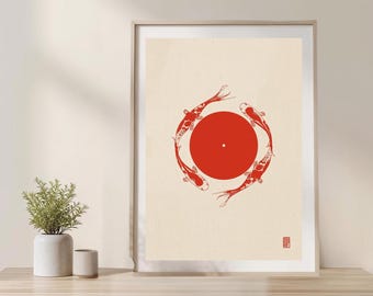 Arte de pared imprimible con círculos de peces koi japoneses / Póster minimalista de pez yin yang zen, decoración asiática moderna para el hogar en rojo y beige