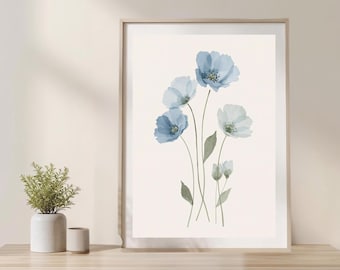 Arte mural floral escandinavo minimalista, estampado botánico azul, ilustración floral suave y neutra, decoración estética para dormitorio tranquilo imprimible.