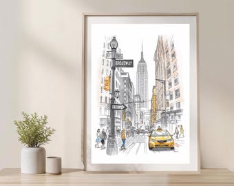 Arte de pared imprimible con boceto de Broadway Street de Nueva York / Ilustración de la ciudad de Nueva York / Póster de viaje minimalista / Descarga instantánea