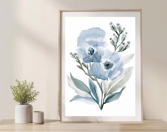 Arte mural floral de acuarela azul imprimible / Impresión botánica neutra / Descarga digital / Decoración del hogar / Arte floral minimalista