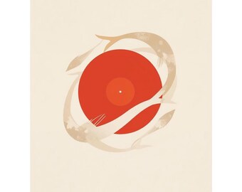 Arte mural imprimible de pez koi japonés / Arte zen minimalista con círculo rojo, póster moderno Japandi, decoración de vinilo vintage