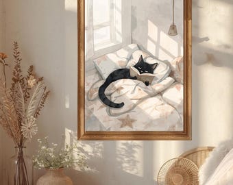 Arte de pared acogedor con gato leyendo / Decoración de dormitorio caprichosa / Póster imprimible minimalista / Regalo para amantes de los libros / Impresión artística de gato lindo