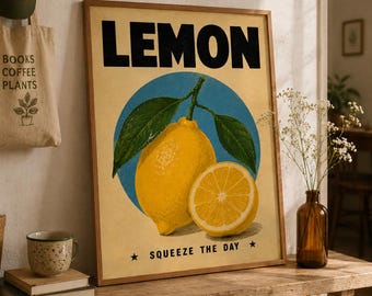 Lámina decorativa retro de limón para la cocina / Póster "Aprovecha el día" / Lámina de frutas vintage / Decoración de cocina estilo cottagecore / Lámina decorativa para imprimir