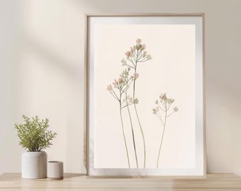 Arte mural botánico minimalista, decoración escandinava neutra, estampado floral beige, arte para dormitorio, decoración nórdica para el hogar, flores pastel suaves digitales