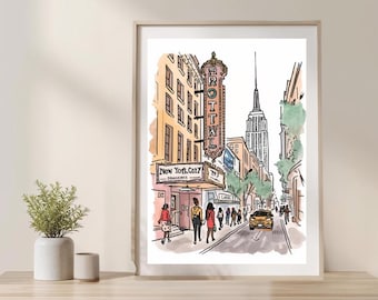 Dibujo imprimible de Broadway Street de Nueva York / Dibujo lineal de arte mural de la ciudad de Nueva York / Póster de ilustración de viaje urbano / Descarga instantánea