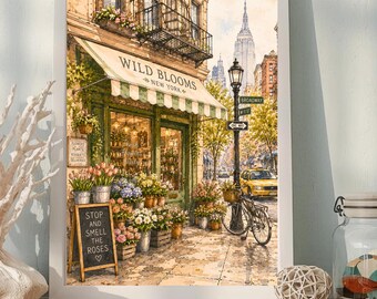 Decoración de pared del mercado de flores de Nueva York, lámina de floristería de Nueva York, decoración botánica de pared, póster de flores de primavera, arte imprimible estilo cottagecore, ciudad de Nueva York