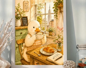Duck Coffee Wall Art Print, Cottage Kitchen Decor, Cozy Farmhouse Duck Poster, Vintage Kitchen Wall Art, Printable Kitchen Decor, Cottage