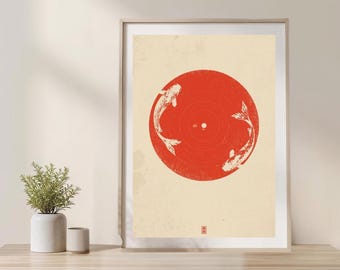 Minimalist Koi Fish Japanese Wall Art Printable | Zen Abstract Circle Poster | Modern Asian Decor | Neutral Aesthetic Digital Download
