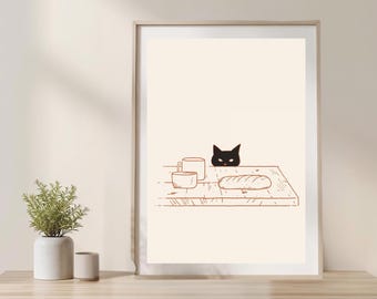 Ilustración minimalista de gato / Decoración de pared con temática de café y pan / Lámina decorativa neutra para el hogar