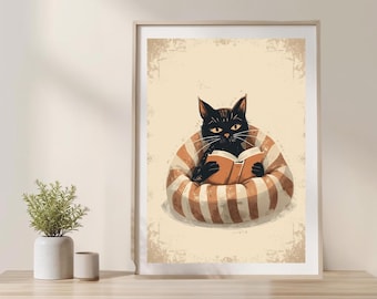 Arte de pared vintage con un gato leyendo acogedor / Póster imprimible caprichoso / Decoración minimalista para dormitorio / Ilustración de gato adorable / Regalo para amantes de los libros
