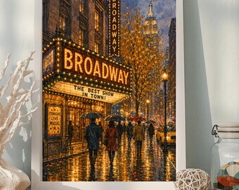 Lámina decorativa de Broadway para imprimir, lámina de Nueva York de noche, póster de la calle lluviosa de Nueva York, decoración de pared del Empire State Building, arte urbano con ambiente melancólico, digital.
