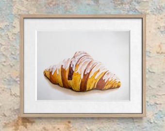 Akwarela z croissantem nr 15 | Dekoracja kuchni | Obraz przedstawiający sztukę jedzenia | 5x7, 6x8, 8x10 | Bez ramki