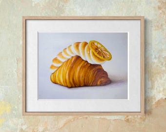 Rogalik z cytrynową bezą, akwarela nr 20 | Dekoracja kuchni | Obraz sztuki kulinarnej | 5x7, 6x8, 8x10 | Bez ramki