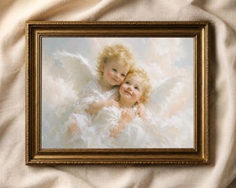 Cherub Engel Wandbild, Zwei Baby Engel Druck, Vintage Kinderzimmer Dekor, Renaissance Stil Gemälde, Religiöse Kunst, Schutzengel Poster
