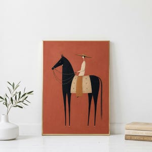 Folk art print of a figure in a wide-brim hat riding a tall dark horse with a tan saddle blanket on a warm terracotta background, vertical mid century equestrian wall art.