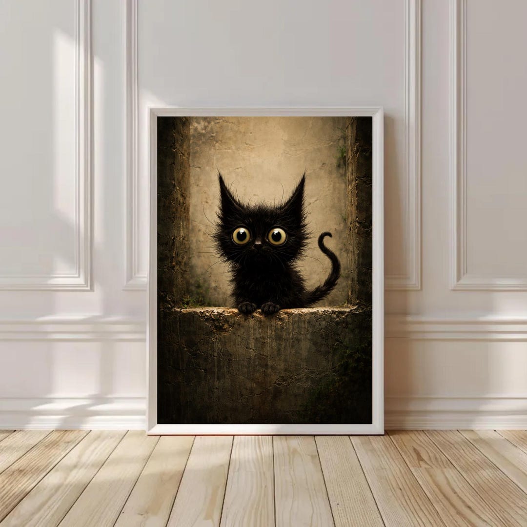 Gothic Black Kitten Art Print – Big-eyed Cat, Whimsical Wall Decor ...