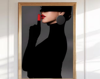Retrato de moda glamorosa – Mulher com lábios vermelhos, arte de parede moderna (download digital)