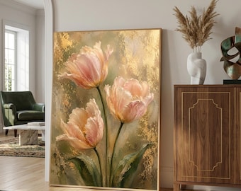 Pink Tulip Wall Art, Vintage Floral Oil Painting Print, Gold Leaf Botanical Art, Elegant Flower Printable, Farmhouse Living Room Decor
