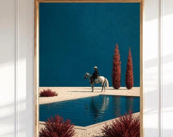 Cowboy on White Horse Wall Art, Minimalist Western Print, Equestrian Poster, Modern Southwestern Decor, Blue Landscape Print