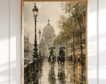 Arte de parede "Um dia chuvoso em Paris", impressão vintage de rua parisiense, paisagem urbana equestre, pintura impressionista, arte de café francês, download digital.