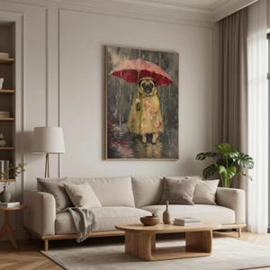 Whimsical painting of a pug wearing a yellow floral raincoat and holding a red umbrella in the rain, with a moody gray painterly background.