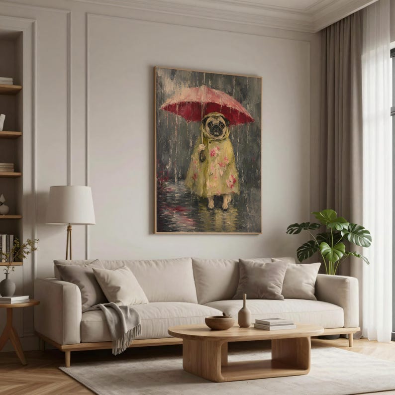 Whimsical painting of a pug wearing a yellow floral raincoat and holding a red umbrella in the rain, with a moody gray painterly background.
