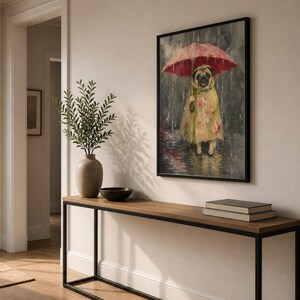 Whimsical painting of a pug wearing a yellow floral raincoat and holding a red umbrella in the rain, with a moody gray painterly background.