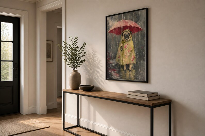 Whimsical painting of a pug wearing a yellow floral raincoat and holding a red umbrella in the rain, with a moody gray painterly background.