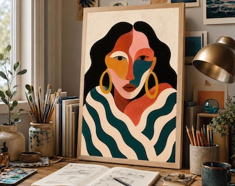 Arte de parede com retrato abstrato de mulher, impressão figurativa boho, pôster moderno com rosto feminino, decoração boho colorida para casa, download digital.