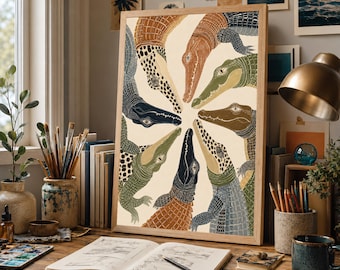 Krokodil väggkonsttryck, alligatorcirkel boho djurposter, vintage reptilillustration, eklektisk safari heminredning, djurlivskonstverk