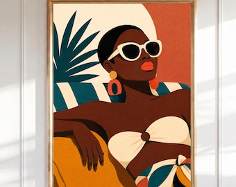 Arte de parede com mulher negra, pôster de retrato boho de praia, pôster retrô de moda de verão, arte afro-americana, download digital para férias tropicais.
