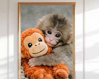 Baby Monkey Punch Hugging Plush Toy Art Print, Nursery Animal
