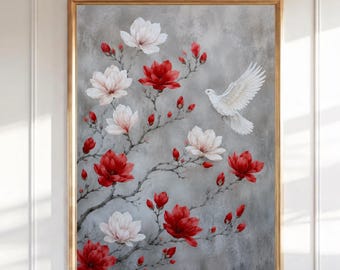 Magnolia väggkonst röd vit duva blomtryck botanisk målning bondgård sovrum vardagsrumsdekor vertikal blomposter