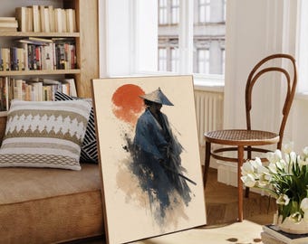 Samurai Wandkunst, japanische Tuschemalerei, Ronin Krieger Poster, Sumi-e Stil Kunst, Rote Sonne Zen-Wanddekoration, rustikale blaue Wohnkultur